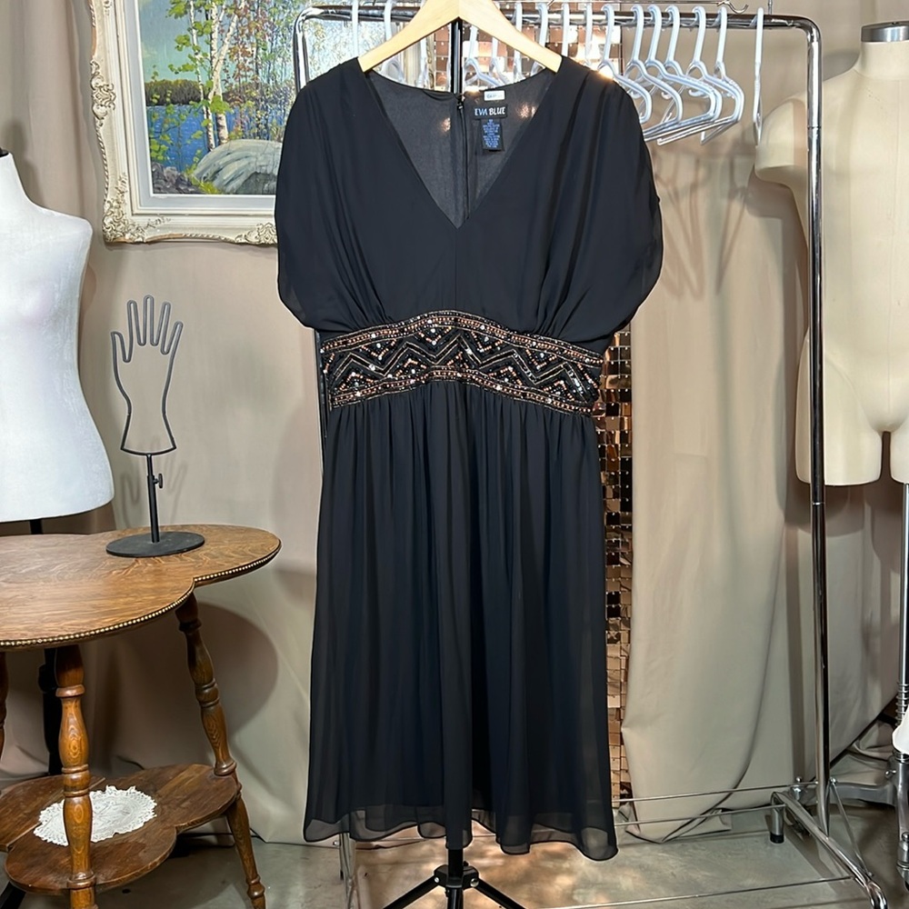 Y2K Black Short Sleeve Flowy Dress Crystal & Beaded Waist Size 12 P2P 20-21”